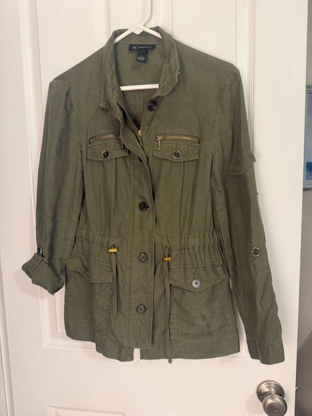 INC International Concepts Olive Utility Linen Drawstring Jacket sz S